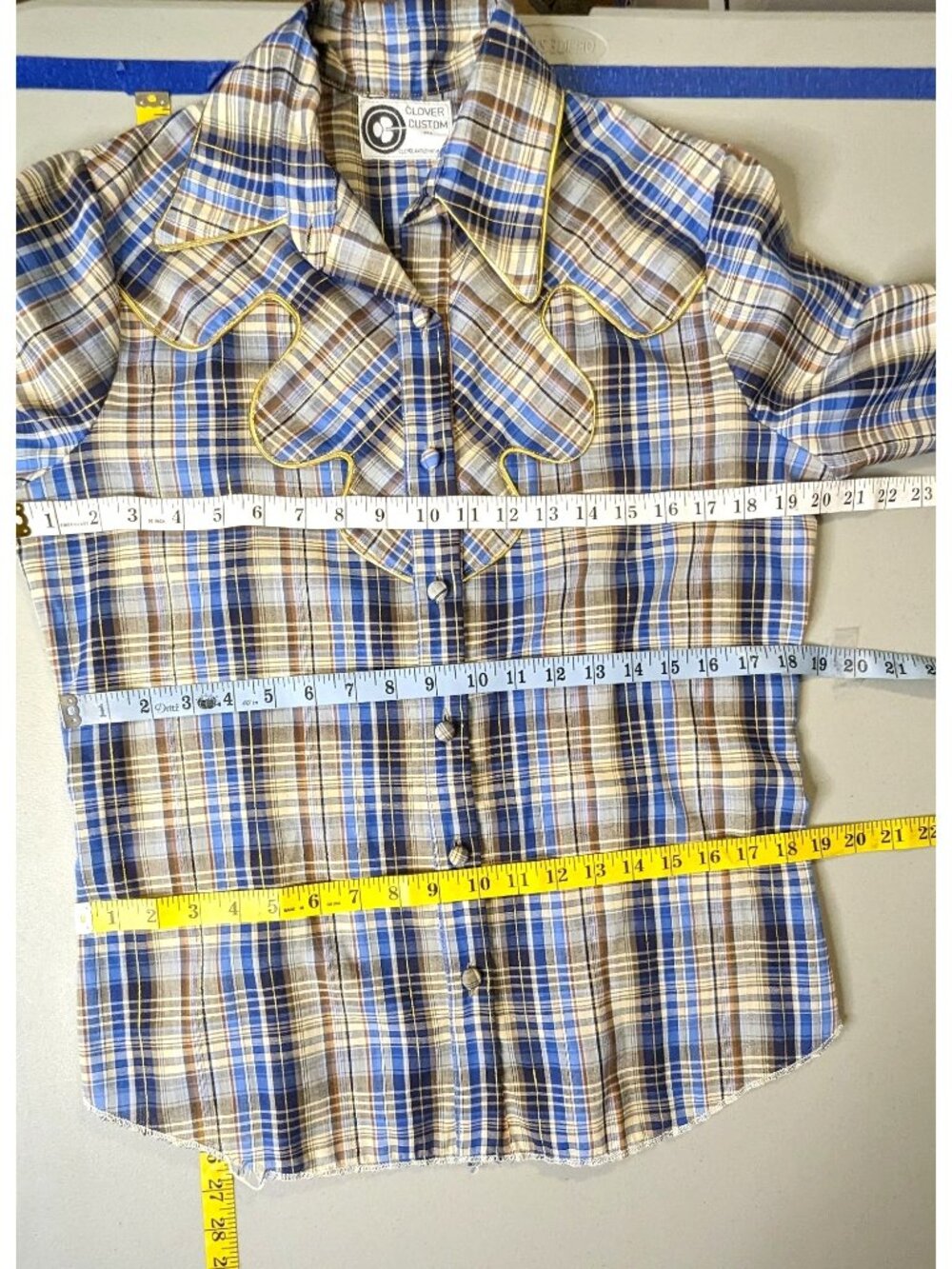 Clover Custom long sleeve blue brown plaid gold trim cowgirl Vintage Shirt M - Picture 6 of 11